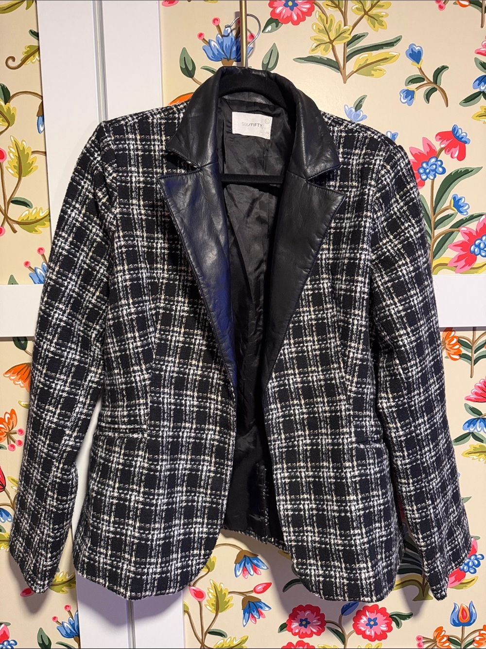 Plaid Blazer with Faux Leather Lapels - Black & White